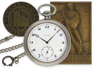 Taschenuhr: gesuchte Longines Schützenuhr Tir Federal Fribourg 1934 mit Silberkette und 2 dazugehörigen Auszeichnungen/Medaillen