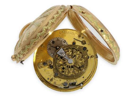 Taschenuhr: Prunkspindeluhr mit Repetition und mehrfarbigem Goldgehäuse, Grignon a Paris No.801, ca. 1800 - photo 2