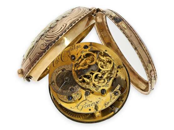 Taschenuhr: prächtige, große 4-Farben Louis XV Gold-Spindeluhr mit mythologischer Szene, bedeutender Hersteller, Dufalga a Geneve No.121, ca.1760 - photo 2