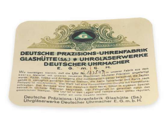 Taschenuhr: große rotgoldene Glashütter Präzisionstaschenuhr, Goldsavonnette Deutsche Präzisionsuhrenfabrik E.G.m.b.H No. 103547 mit Originalbox und Originalpapieren, ca. 1920 - photo 9