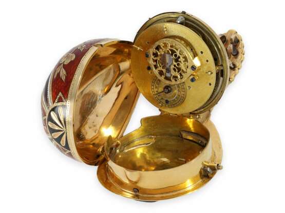 Formuhr: außergewöhnlich große, museale Gold/Emaille-Mandoline in besonders seltener Ausführung, besetzt mit Perlen und Diamanten, Marchand a Geneve, ca.1800 - photo 2