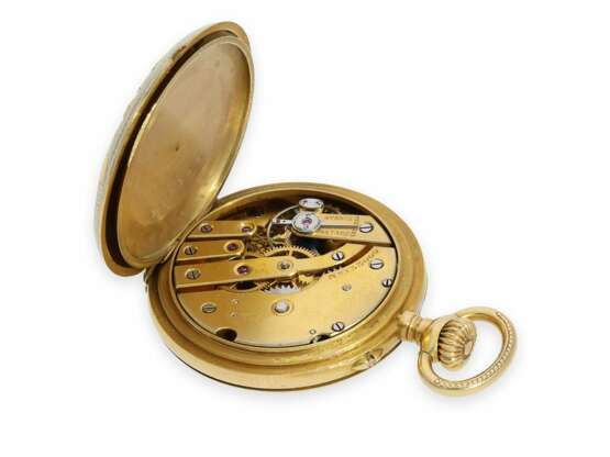Taschenuhr: exquisite Patek Philippe Belle Epoque Damenuhr mit Gold/Emaille-Gehäuse und Diamantbesatz, gefertigt für Beyer Zürich, ca.1910 - Foto 4