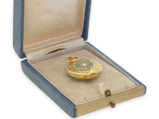 Taschenuhr: exquisite Patek Philippe Belle Epoque Damenuhr mit Gold/Emaille-Gehäuse und Diamantbesatz, gefertigt für Beyer Zürich, ca.1910 - Foto 8