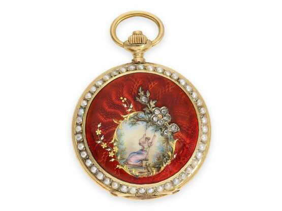 Taschenuhr: prächtige und sehr seltene Art Nouveau Damenuhr mit Gold/Emaille-Gehäuse, Perlen- und Diamantbesatz, Longines No.789277, ca. 1900 - Foto 1