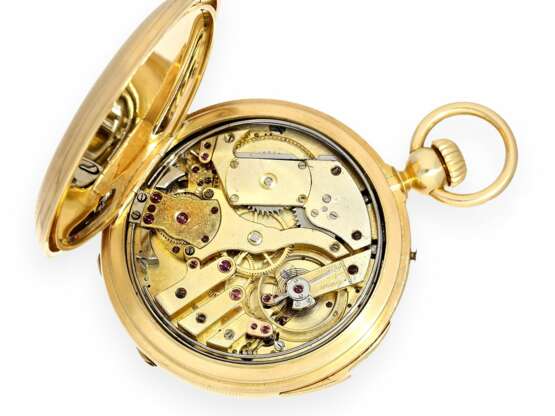Taschenuhr: technisch hochinteressantes und sehr feines Taschenchronometer mit 1/8-Repetition, Chronometer-Hemmung a Bascule und Kalender, Favre Locle, um 1865 - photo 3