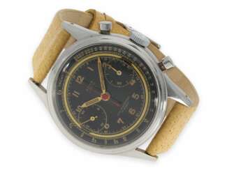 Armbanduhr: absolute Rarität, oversize Angelus Stahlchronograph mit schwarzem Zifferblatt und Signatur "Beyer Zürich", vermutlich ein Unikat, 40er-Jahre