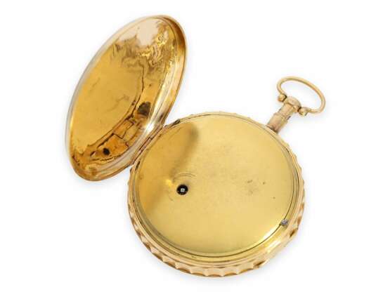 Taschenuhr: hochwertige goldene Spindeluhr mit Schlagwerk und Figurenautomat Jacquemart, signierter Originalschlüssel, vermutlich Genf um 1820 - Foto 5