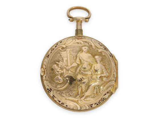 Taschenuhr: prächtige goldene Doppelgehäuse Repoussé Spindeluhr mit Repetition auf Glocke, Antoine Joly Geneve, ca.1760 - фото 4