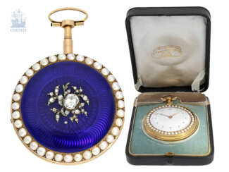 Taschenuhr: bedeutende Gold/Emaille-Taschenuhr mit Diamant- und Perlbesatz und seltener Kommahemmung, zugeschrieben Jean-Antoine Lépine, um 1800