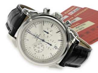 Armbanduhr: großer, sportlicher Omega Chronograph De Ville, Co-Axial-Chronometer in nahezu neuwertigem Zustand, Ref. 45413100 von 2002, Originalbox, Originalpapiere, Servicepapiere, Full-Set, Revision 2019