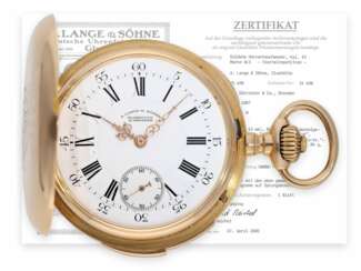 Taschenuhr: frühe, schwere, hochfeine rotgoldene A. Lange & Söhne Glashütte Savonnette mit Viertelstundenrepetition, ehemaliger Adelsbesitz, Stammbuchauszug, Glashütte 1887