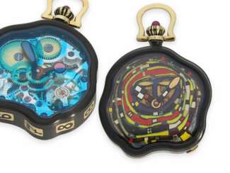 Taschenuhr: new old stock Hundertwasser Designeruhr in 18K Gold mit Originalbox und Originalprospekt, absolut unbenutzt, limitiert, No.160/999, NP 24.400 Schweizer Franken, ca. 1992