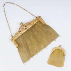 Goldene Jugendstil-Handtasche mit Diamant- und Rubin-Besatz sowie kleinem Portemonnaie