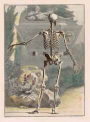 Skelett in Rückansicht vor einem Sarkophag
