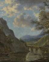 Gebirgige Flusslandschaft mit Steinbrücke