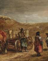 Bauern mit Fuhrwerken auf der Landstraße