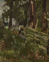 Bauernbub, am Gatter sitzend