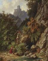 Junge Frau am Wegkreuz in Gebirgslandschaft