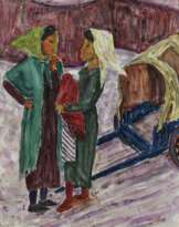 Südliches Dorf mit Kirche. Strandhäuser. Frauen im Gespräch.