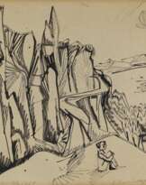 Ruderboot mit zwei Frauen. Felsige Küstenlandschaft. 1954