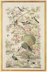 A CHINESE EMBROIDERED SILK 'HUNDRED BIRDS' PANEL