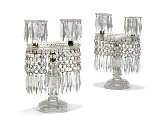 OLIVER MESSEL'S LUSTRES FROM PELHAM PLACE: A PAIR OF VICTORIAN GILT-BRASS AND CUT-GLASS TWO-LIGHT LUSTRES - photo 1