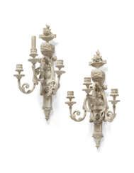A PAIR OF VICTORIAN WHITE-PAINTED-COMPOSITION THREE-BRANCH WALL-LIGHTS