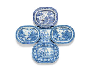 OLIVER MESSEL'S BLUE AND WHITE PLATTERS FROM MADDOX, BARBADOS:FIVE ENGLISH BLUE AND WHITE PLATTERS