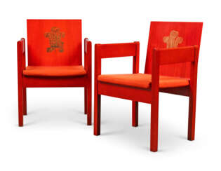 A PAIR OF RED-PAINTED ASH-LAMINATE PRINCE OF WALES INVESTITURE CHAIRS