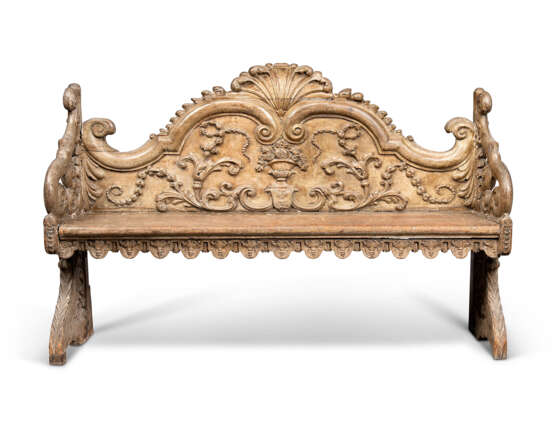 A DUTCH GREY-PAINTED AND CARVED OAK BENCH - photo 1