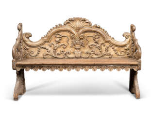 A DUTCH GREY-PAINTED AND CARVED OAK BENCH 