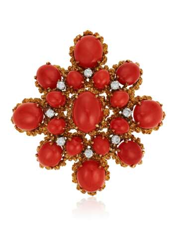 CORAL AND DIAMOND PENDANT BROOCH - photo 1