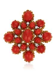CORAL AND DIAMOND PENDANT BROOCH