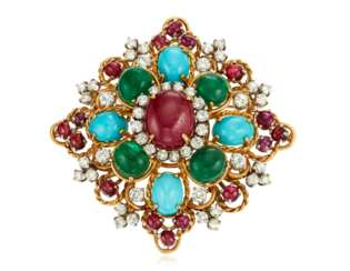 MULTI-GEM AND DIAMOND BROOCH WITH GIA REPORTS