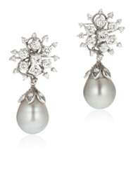 CULTURED PEARL AND DIAMOND PENDANT EARRINGS
