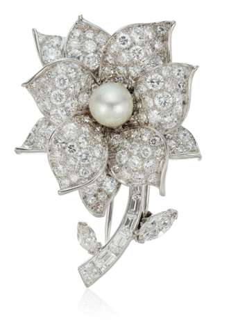 DIAMOND AND NATURAL PEARL BROOCH WITH GIA REPORT - photo 1