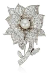 DIAMOND AND NATURAL PEARL BROOCH WITH GIA REPORT