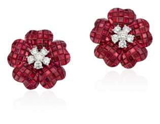 OSCAR HEYMAN & BROTHERS RUBY AND DIAMOND EARRINGS