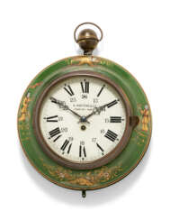 A FRENCH GREEN-AND-GILT-DECORATED TOLE AND GILT-BRASS CHINOISERIE SEDAN CLOCK