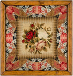 AN ENGLISH GROS AND PETIT-POINT, BEADWORK AND FELTWORK FLORAL PICTURE