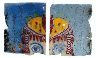 TWO FRAGMENTARY ROMAN MOSAIC GLASS THEATER MASKS INLAYS