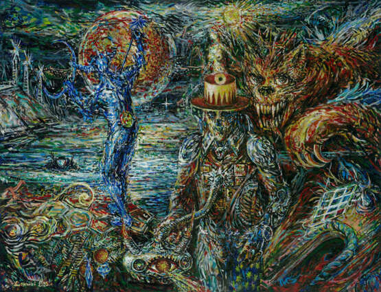 Картина «Лунный человек и средний мир», Натуральное дерево, Акриловые краски, Экспрессионизм, Мифологический жанр, 2020 г. - фото 1