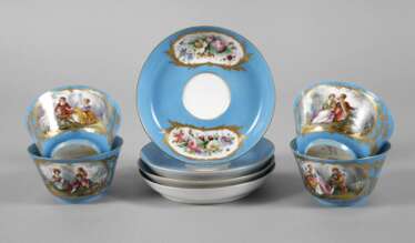 Sevres four teacups with Watteau scenes