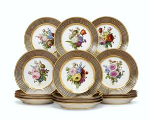 A SET OF FIFTEEN SEVRES PORCELAIN 'BEAU BLEU' DESSERT PLATES...