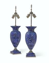 A PAIR OF RUSSIAN SILVERED-METAL MOUNTED LAPIS LAZULI URNS, ...