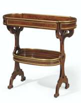 A FRENCH ORMOLU-MOUNTED MAHOGANY AND LINE-INLAID TABLE TRICO...