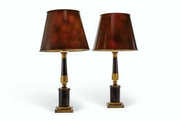 A PAIR OF RESTAURATION ORMOLU AND PATINATED-BRONZE LAMPS