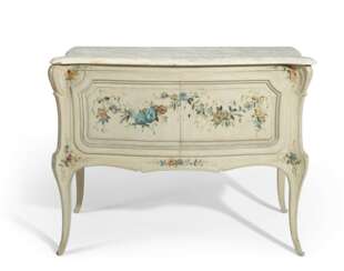 A LOUIS XV STYLE CREAM AND POLYCHROME-PAINTED COMMODE A VANT...