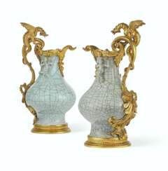 A PAIR OF ORMOLU-MOUNTED CHINESE CRACKLE-GLAZED CELADON PORC...
