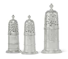 A SET OF THREE QUEEN ANNE SILVER CASTERS